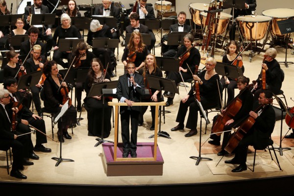 More than 100 musicians took the stage on February 15 as Symphony Nova Scotia joined forces with the Nova Scotia Youth Orchestra to play Rachmaninoff’s Symphonic Dances. (Isabelle and Katelyn are in the center just to the left of the conductor)